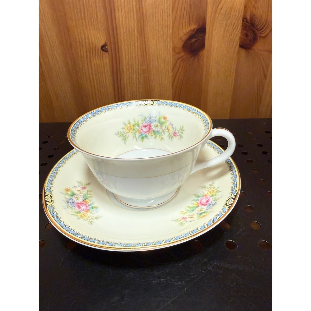 Noritake Occupied Japan Vintage Floral Teacup & Saucer Blue Gold Trim
